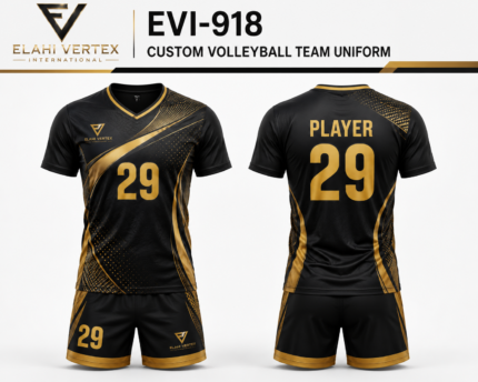 EVI-918 Custom Volleyball Team Uniform black and gold front and back views by Elahi Vertex International