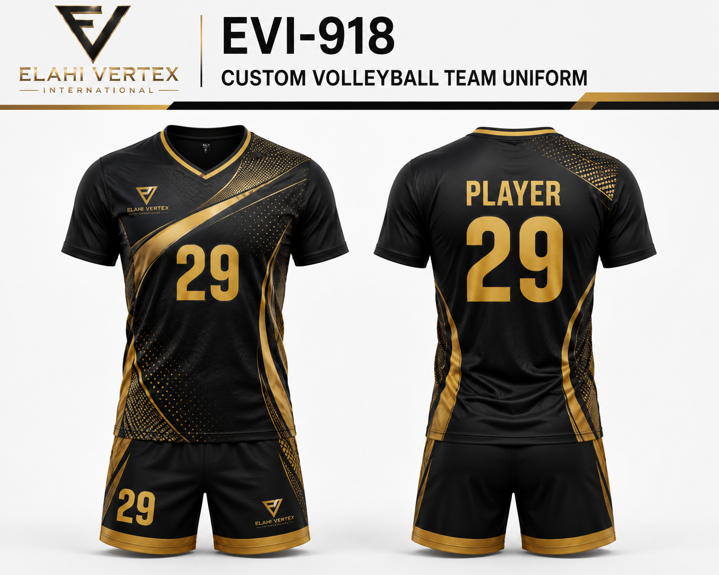 EVI-918 Custom Volleyball Team Uniform ā Front & Back EVI-918 Custom Volleyball Team Uniform black and gold front and back views by Elahi Vertex International