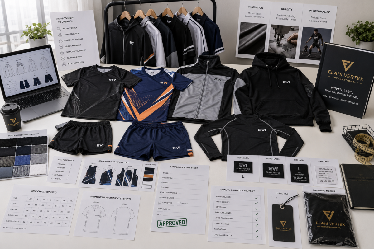 Private label sportswear manufacturer developing custom branded sportswear with fabrics labels samples and packaging