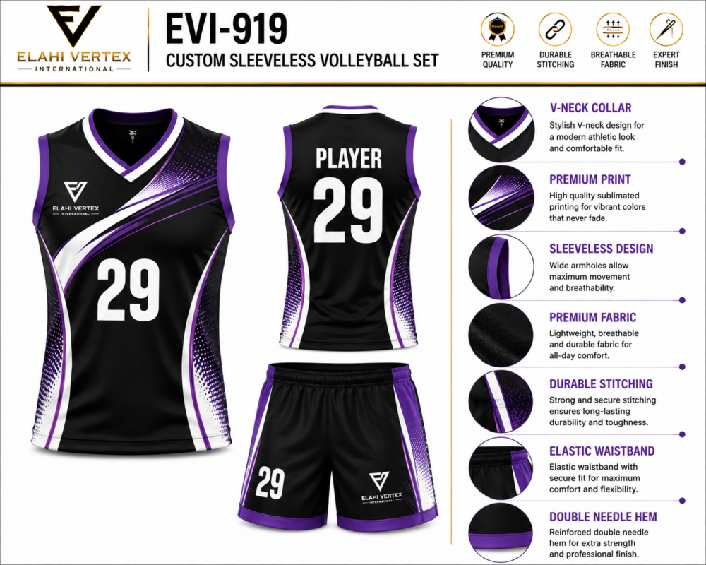 EVI-919 Custom Sleeveless Volleyball Set close-up showing neckline, armholes, waistband, hem and garment details