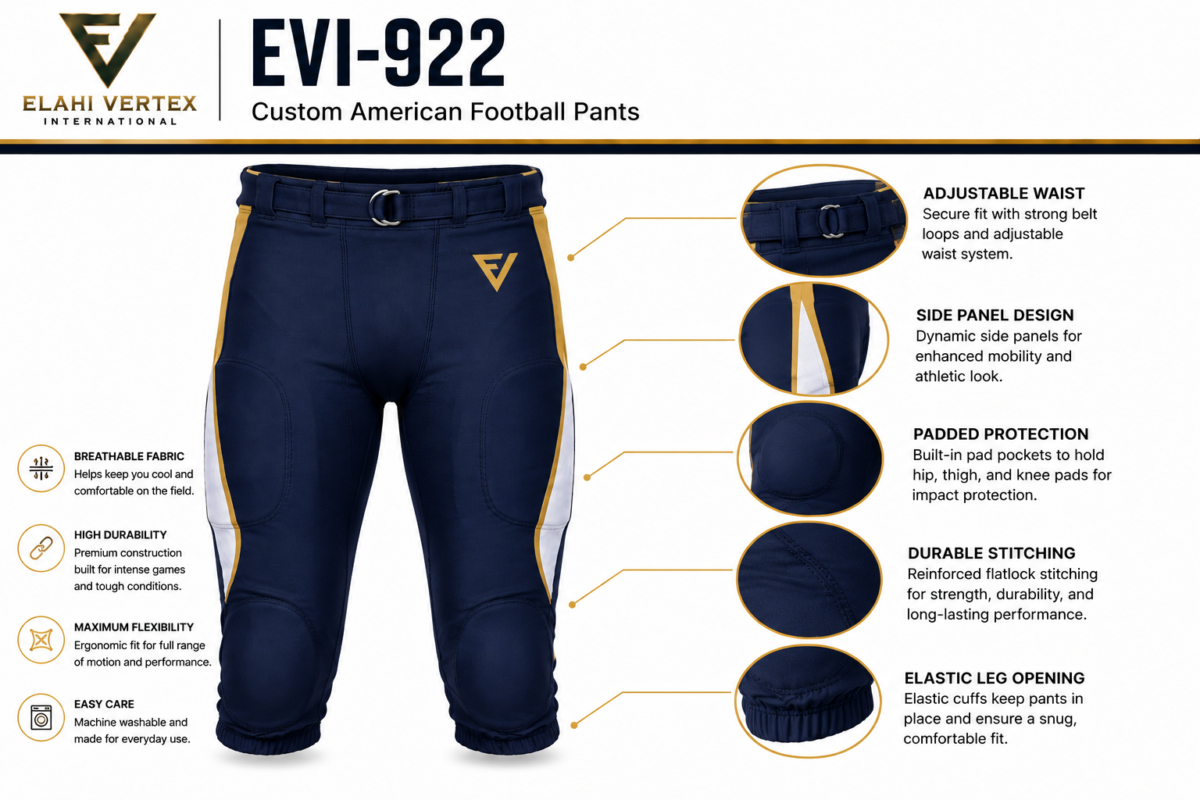 EVI-922 Custom American Football Pants by Elahi Vertex International with close-up waistband, side panel, padding, stitching and leg opening details