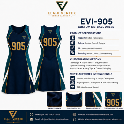 Custom netball dress EVI-905 front and back views with branding and customization specifications