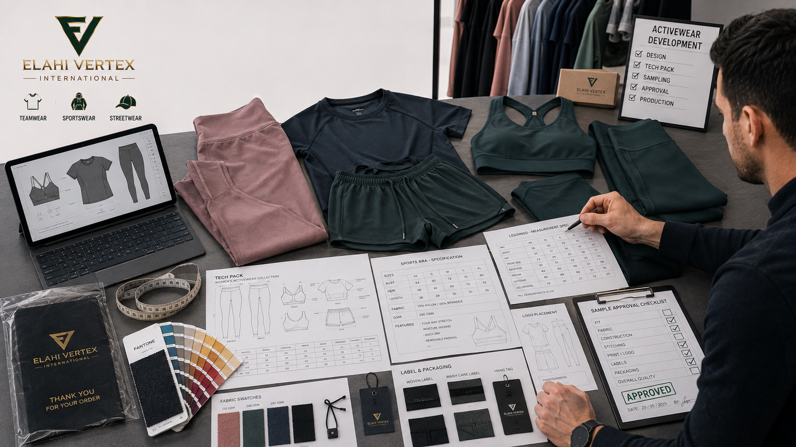 Activewear tech pack for USA brands reviewing leggings and sports bra specifications before sampling