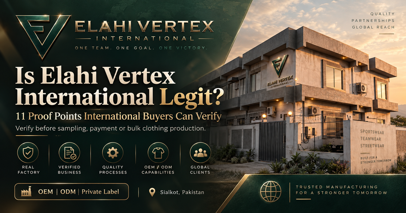 Is Elahi Vertex International legit? Promotional visual showing custom apparel manufacturing, quality control, sampling and private label services.