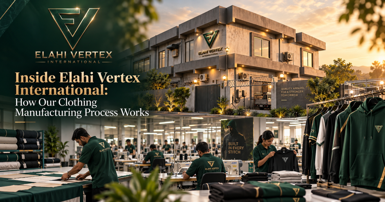 Inside Elahi Vertex International showing our clothing manufacturing process at a clothing manufacturer in Sialkot Pakistan