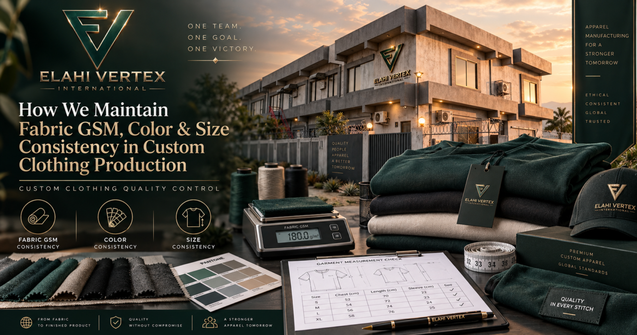 Custom clothing quality control for fabric GSM, color and size consistency at Elahi Vertex International