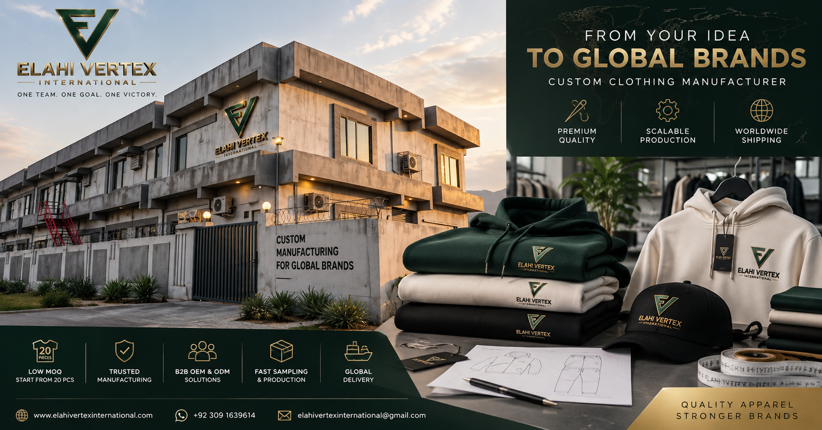 Clothing order quantity guide comparing 20, 100 and 500-piece manufacturing orders