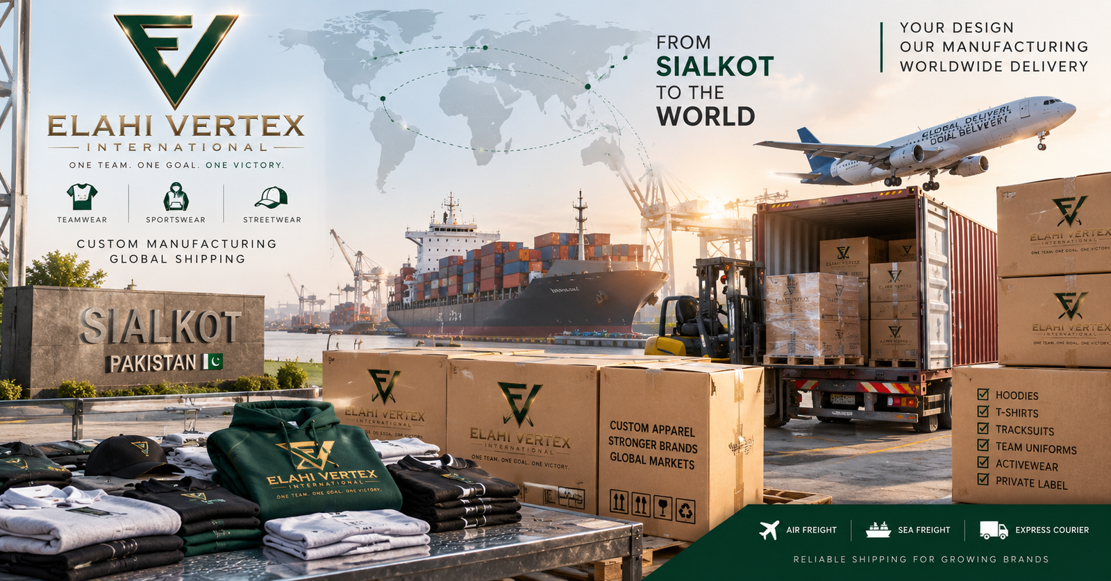 Custom clothing shipping cost from Sialkot Pakistan by Elahi Vertex International