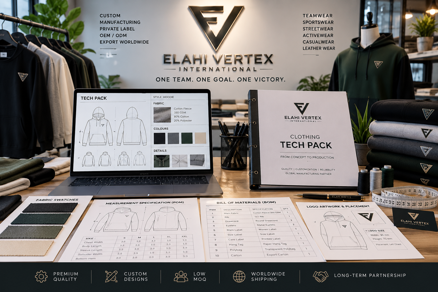 Clothing tech pack for custom apparel manufacturing showing hoodie technical drawings, fabric swatches, measurement specifications, BOM, logo placement and Elahi Vertex International production workspace.