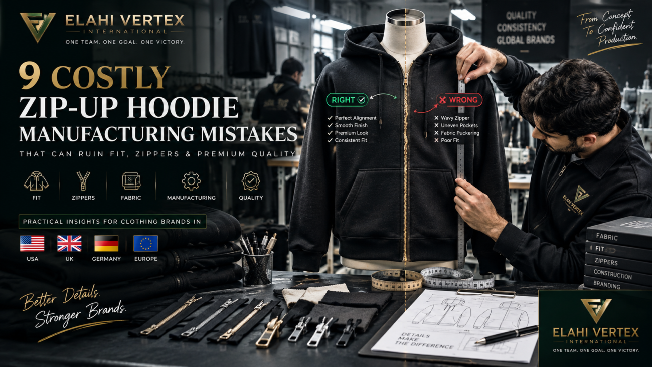 Zip-up hoodie manufacturer inspecting zipper alignment, fit, fabric and premium custom hoodie quality