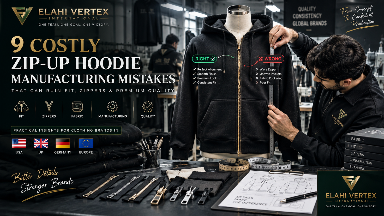 Zip-up hoodie manufacturer inspecting zipper alignment, fit, fabric and premium custom hoodie quality