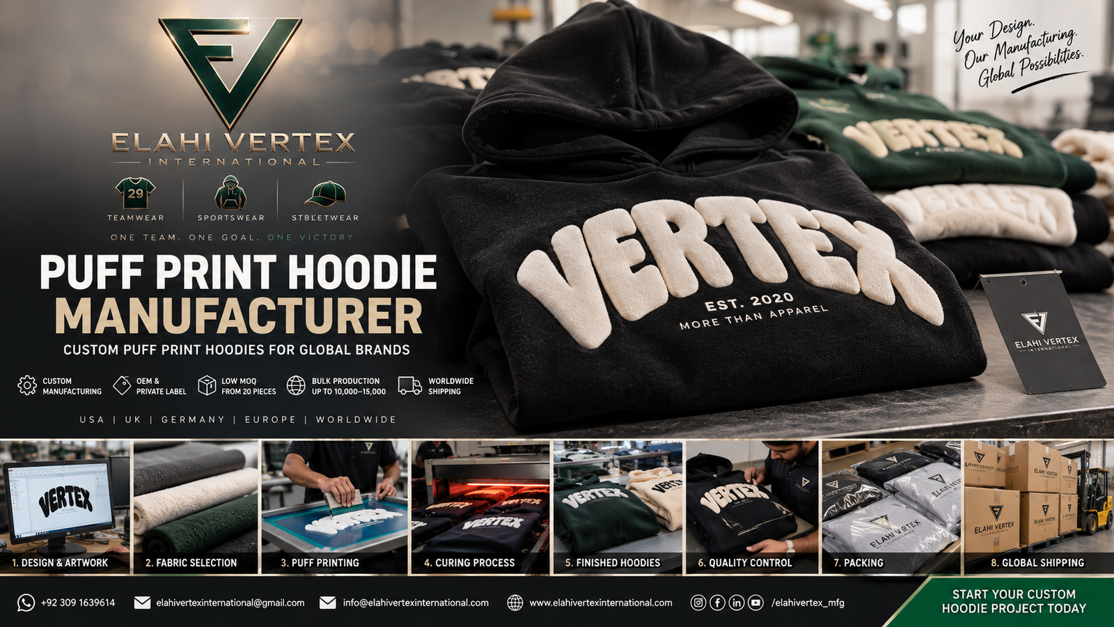 Puff print hoodie manufacturer producing custom 3D puff print hoodies for streetwear brands