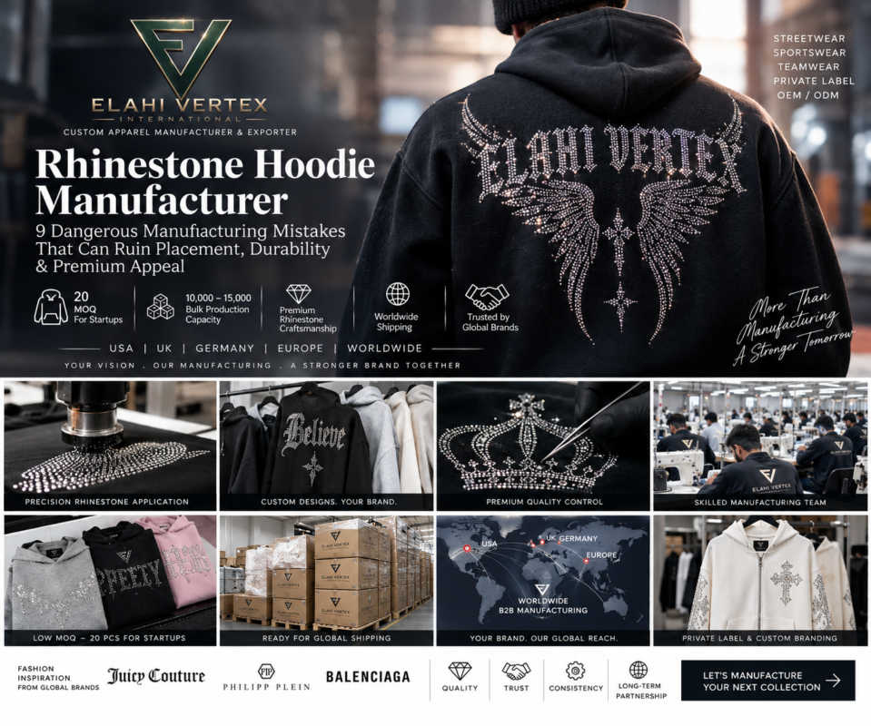 Rhinestone hoodie manufacturer producing custom rhinestone hoodies for streetwear brands