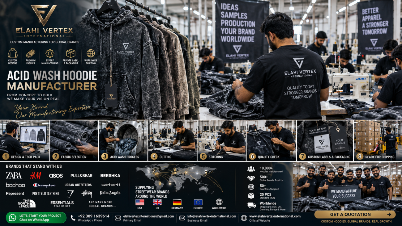 Acid wash hoodie manufacturer producing custom heavyweight streetwear hoodies