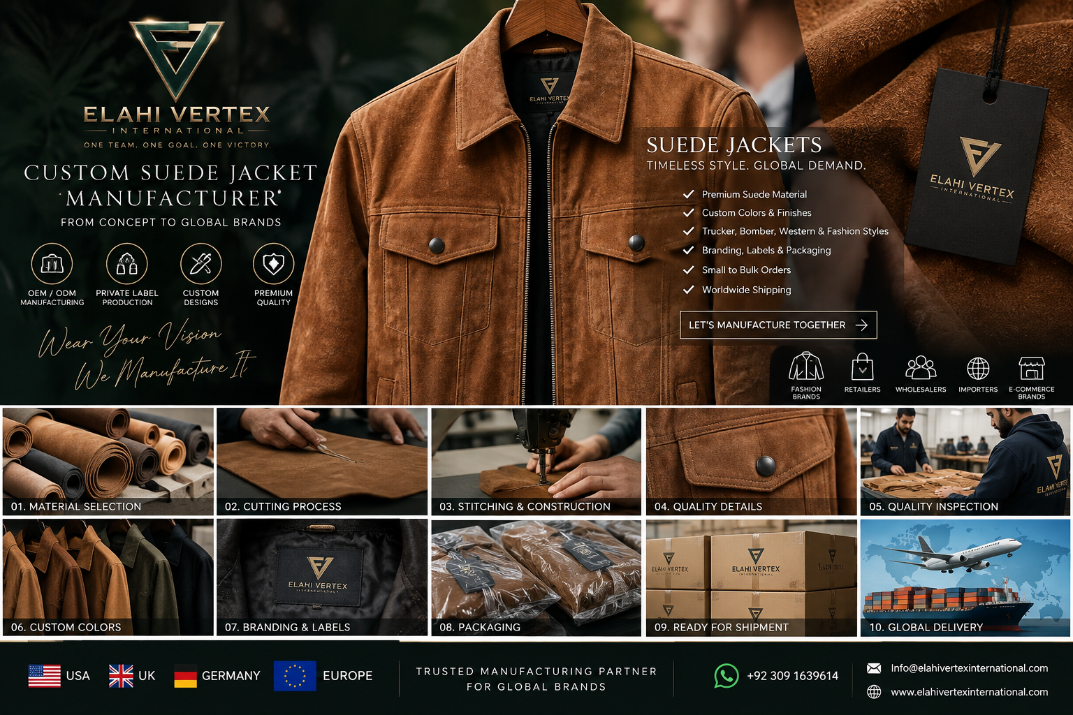 Suede jacket manufacturer producing custom private label suede jackets for USA, UK, Germany and Europe