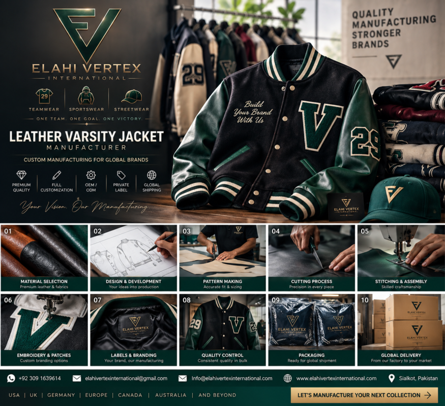 Leather Varsity Jacket Manufacturer producing custom leather varsity jackets