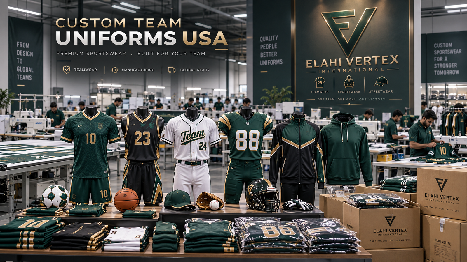 Custom team uniforms USA by Elahi Vertex International with soccer basketball baseball football uniforms and sportswear manufacturing