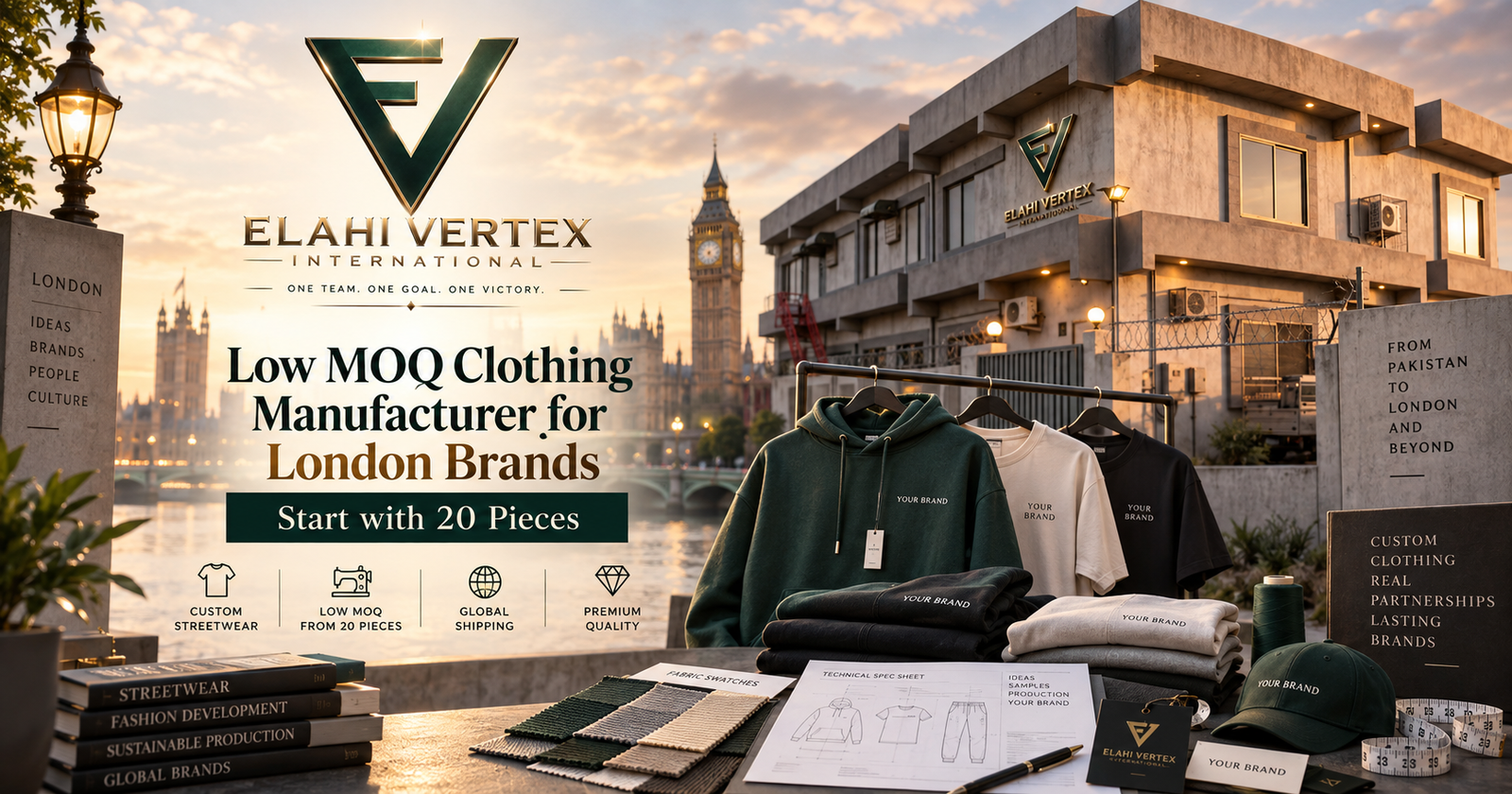 Low MOQ clothing manufacturer for London brands starting with 20 pieces of custom streetwear